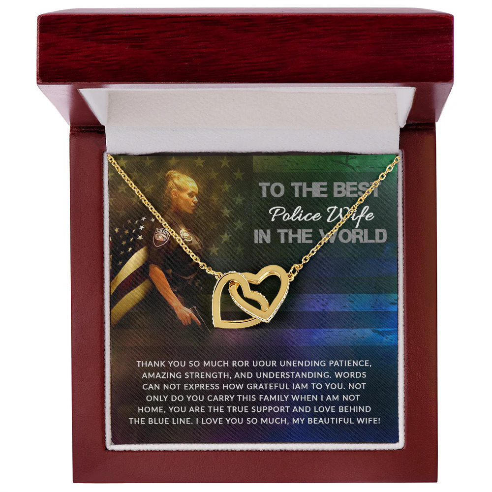 Police Wife Patience Inseparable Hearts CZ Necklace Gold Tone Luxury Box